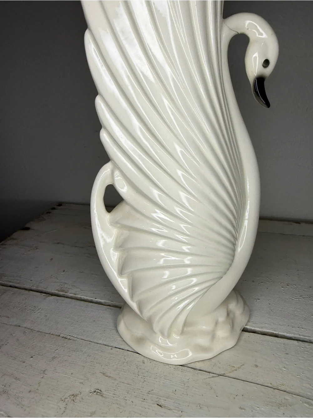 VTG Maddux California White (off) Swan w/Black Eyes & Black Beak Vase 12” tall
